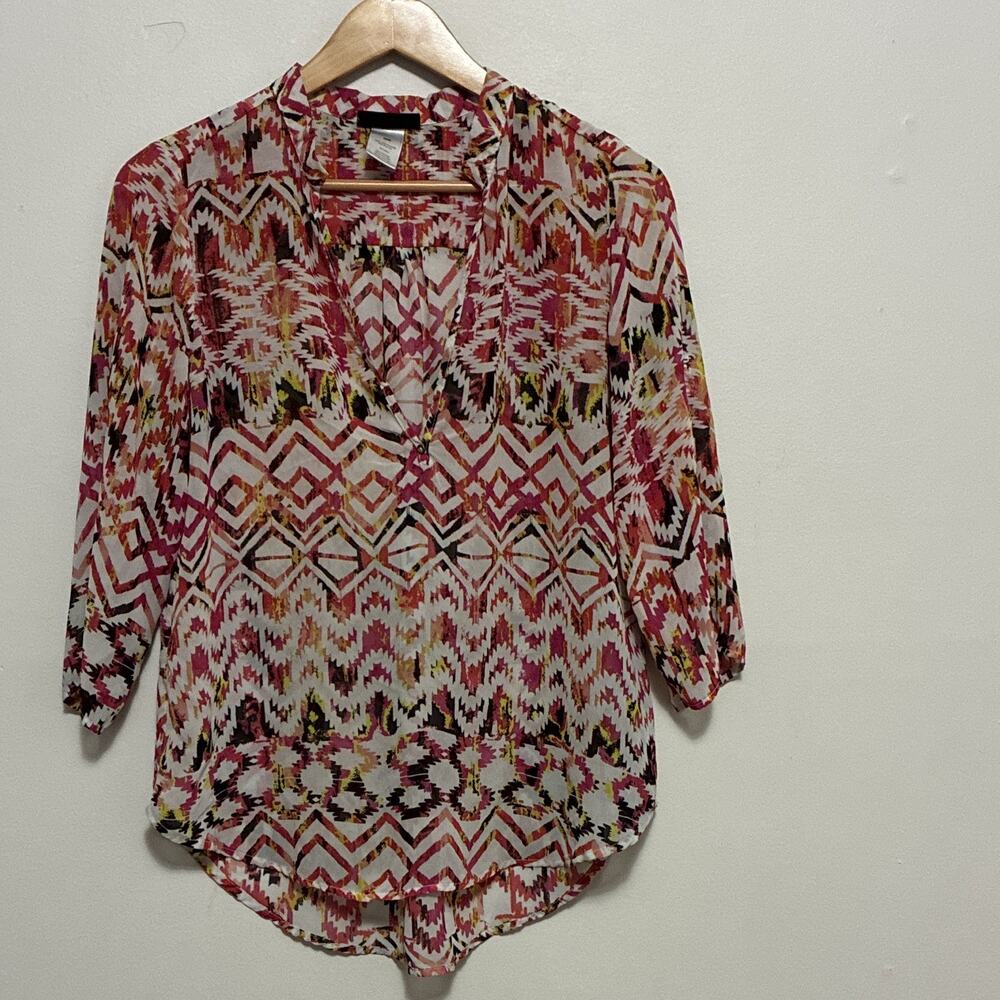 Signature Studio Pink Ikat Abstract Print Peasant Blouse Contemporary V Neck M